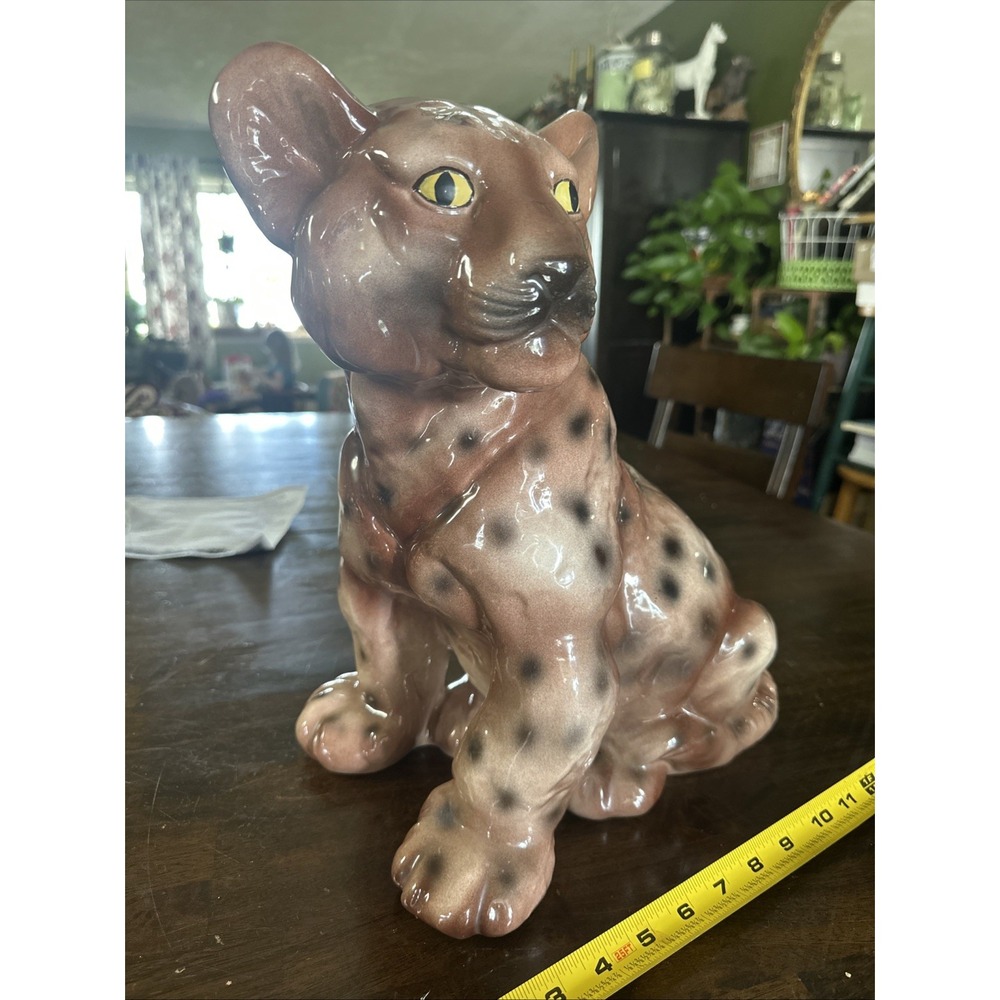 Rare Vintage Signed 1970s Ceramic Cheetah Statue 14.5" Cat Cub Ceramic‎ Lion